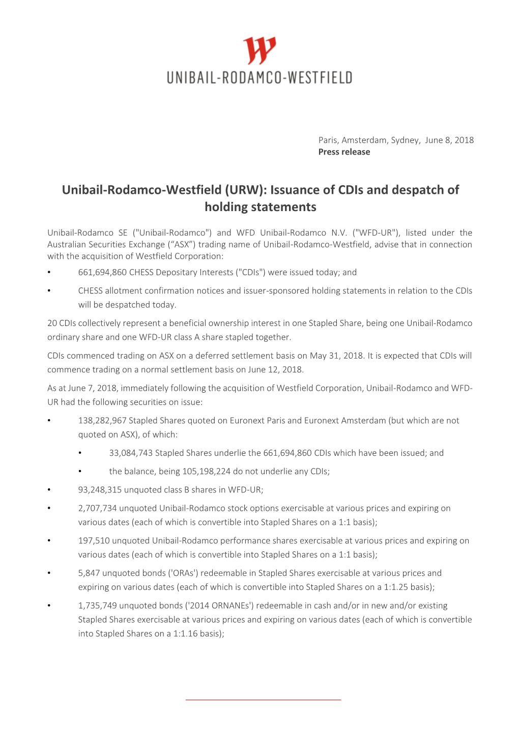 Unibail-Rodamco-Westfield (URW): Issuance of Cdis and Despatch of Holding Statements