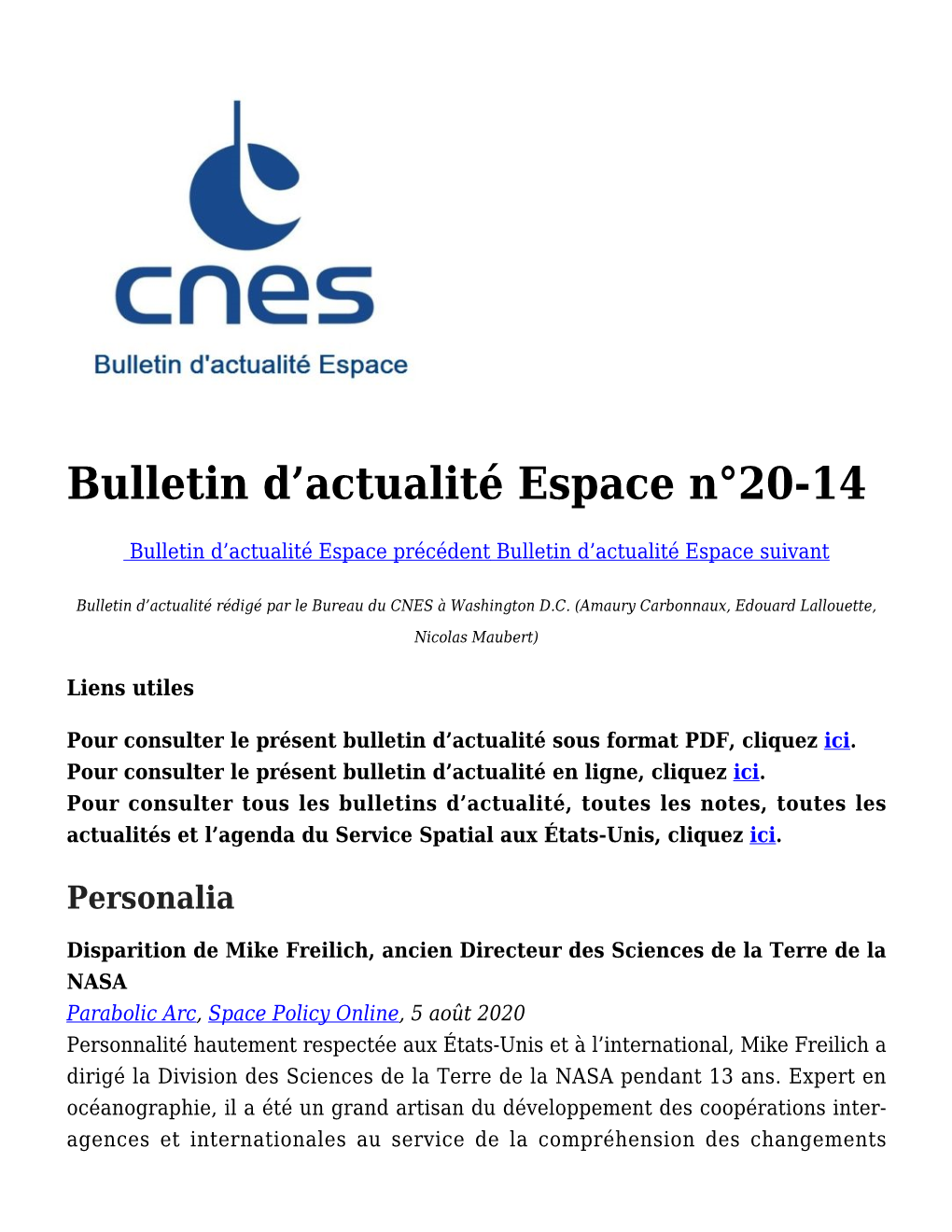 Bulletin D&Rsquo;Actualité Espace N°20-14