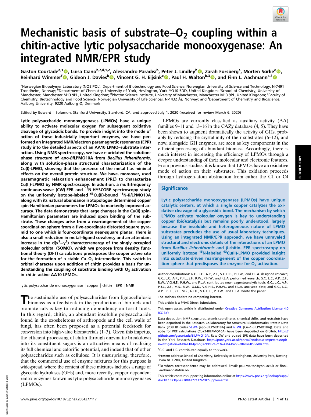 Mechanistic Basis of Substrate–O2 Coupling Within a Chitin-Active Lytic Polysaccharide Monooxygenase: an Integrated NMR/EPR Study