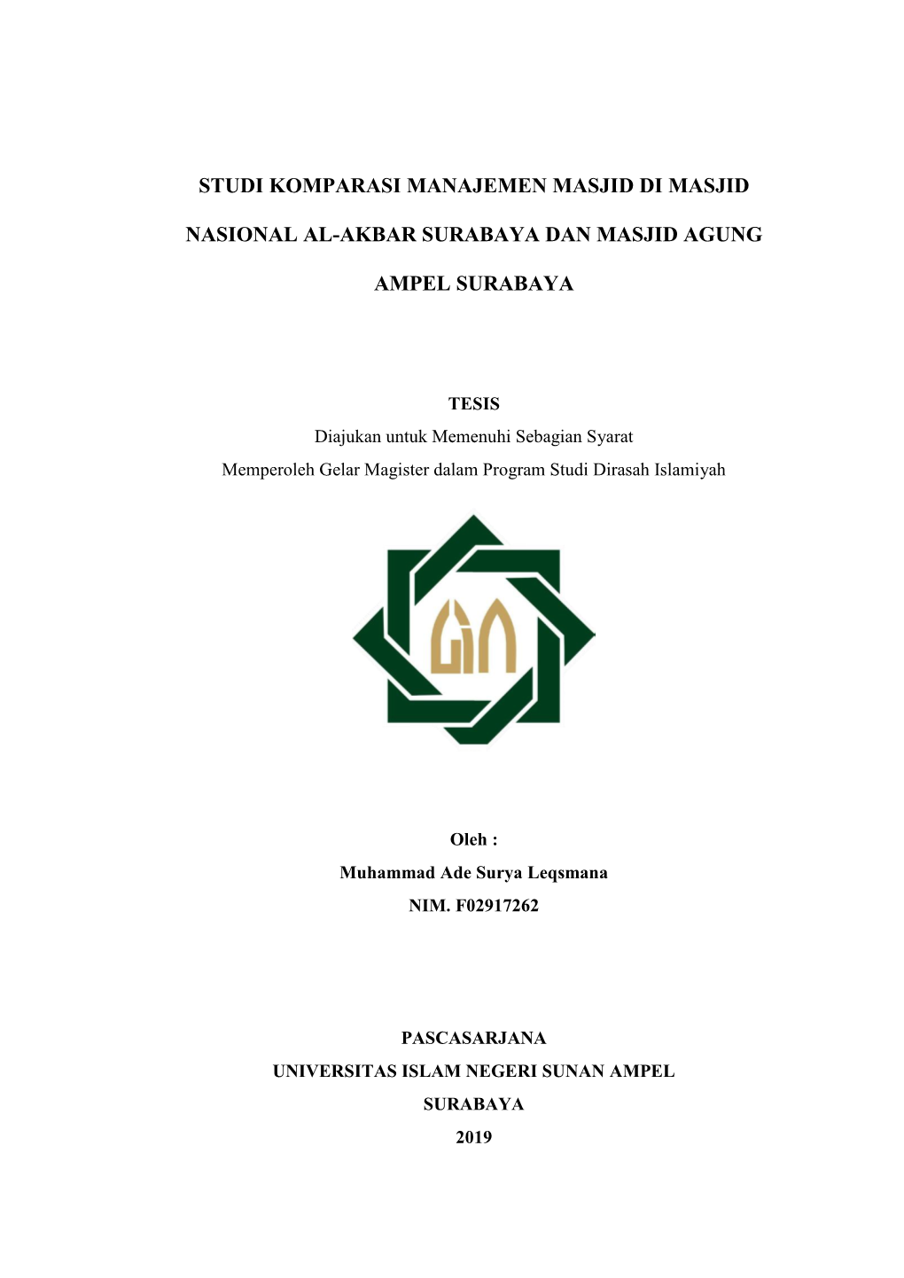 Studi Komparasi Manajemen Masjid Di Masjid Nasional Al-Akbar Surabaya Dan Masjid Agung Ampel Surabaya”