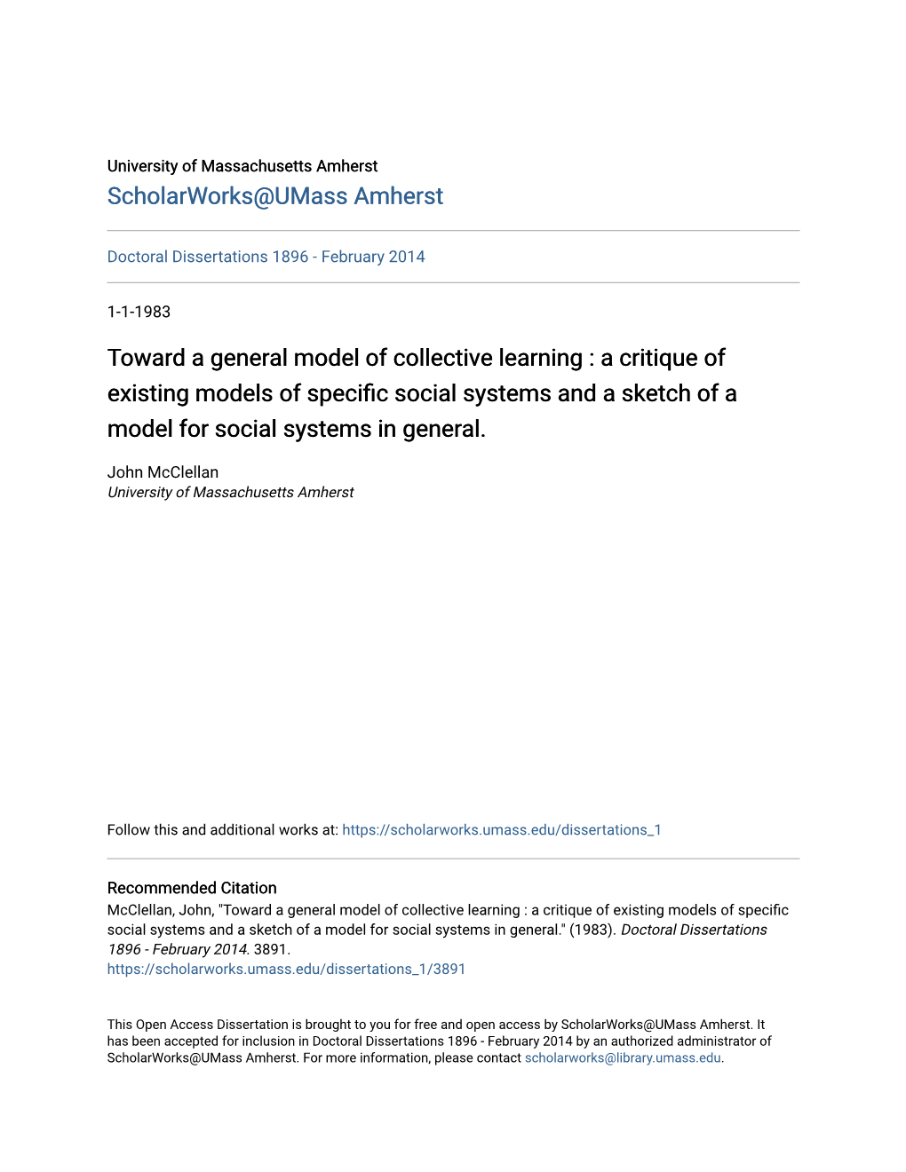 Toward a General Model of Collective Learning : a Critique of Existing Models of Specific Social Systems and a Sketch of a Model for Social Systems in General