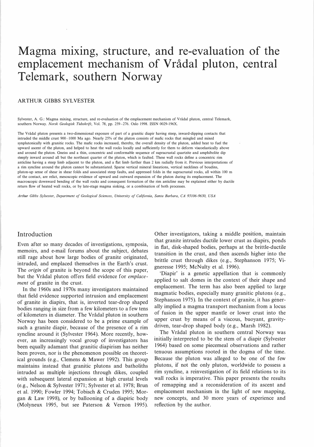 Magma Mixing, Structure, and Re-Evaluation of the Emplacement Mechanism of Vrådal Pluton, Central Telemark, Southern Norway