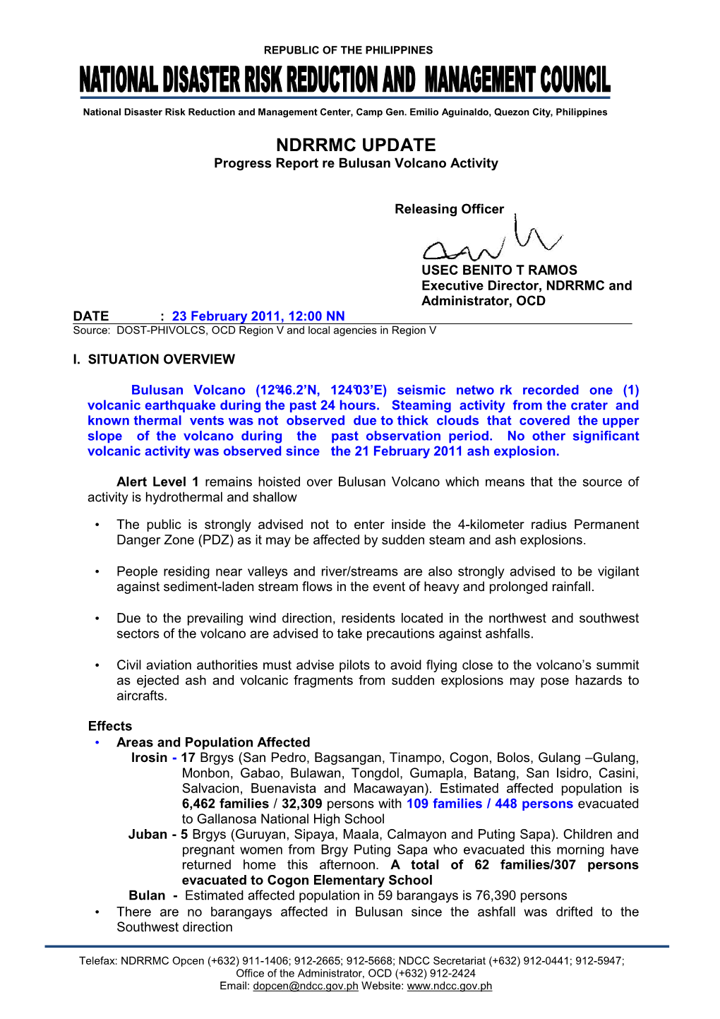 NDRRMC Update on Bulusan Volcano Bulletin 23 February 2011