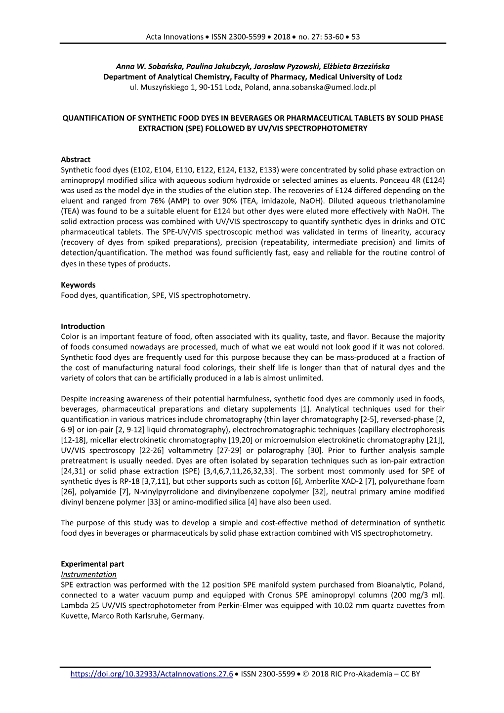 Quantification of Synthetic Food Dyes in Beverages Or Pharmaceutical Tablets by Solid Phase Extraction (Spe) Followed by Uv/Vis Spectrophotometry