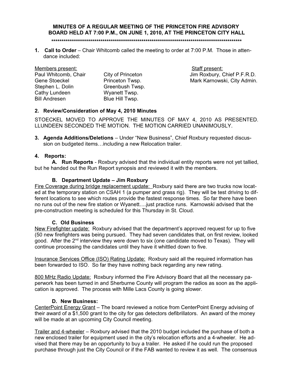 Minutes of a Regular Meeting of the Princeton Fire Advisory Board