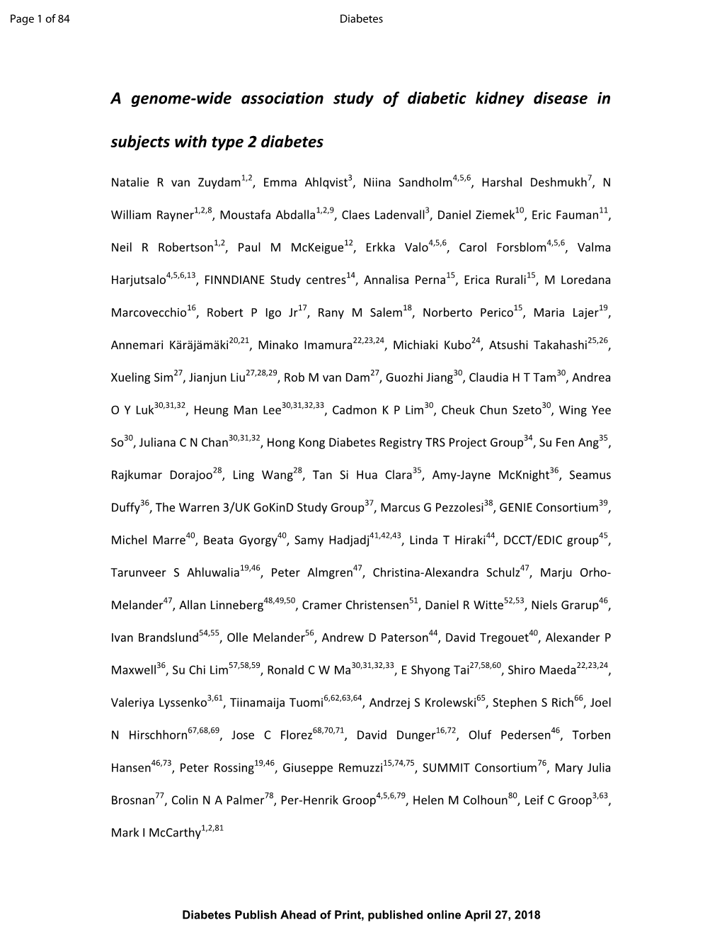 A Genome-Wide Association Study of Diabetic Kidney Disease in Subjects