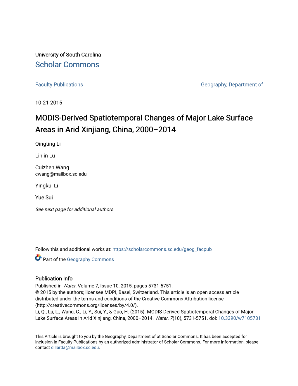 MODIS-Derived Spatiotemporal Changes of Major Lake Surface Areas in Arid Xinjiang, China, 2000–2014