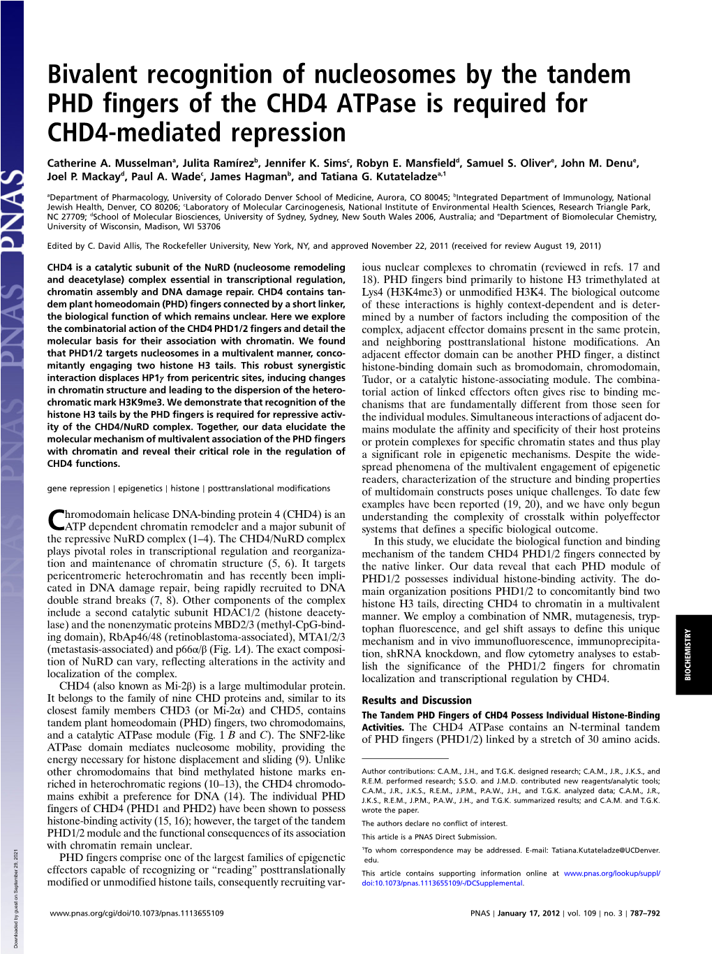 Bivalent Recognition of Nucleosomes by the Tandem PHD Fingers of the CHD4 Atpase Is Required for CHD4-Mediated Repression