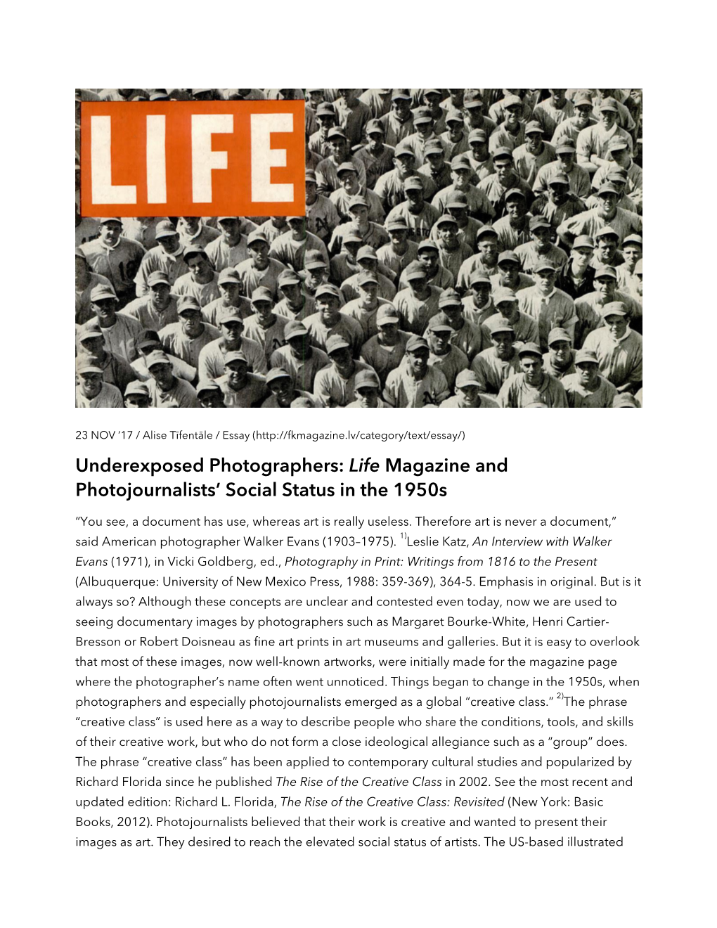 Life Magazine and Photojournalists' Social Status in the 1950S