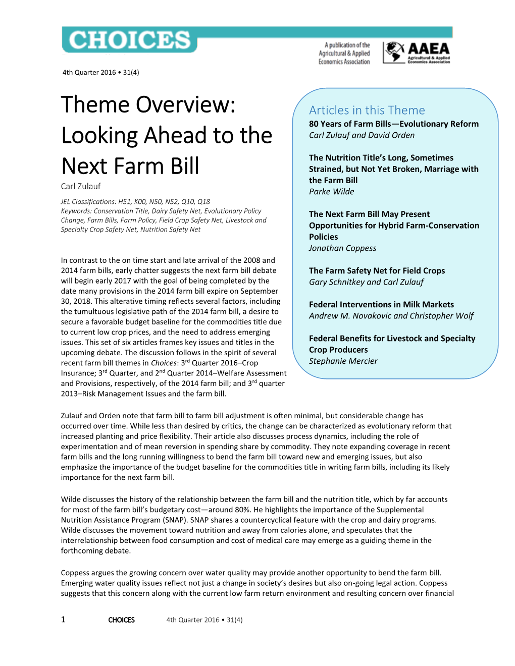 Theme Overview: Looking Ahead to the Next Farm Bill