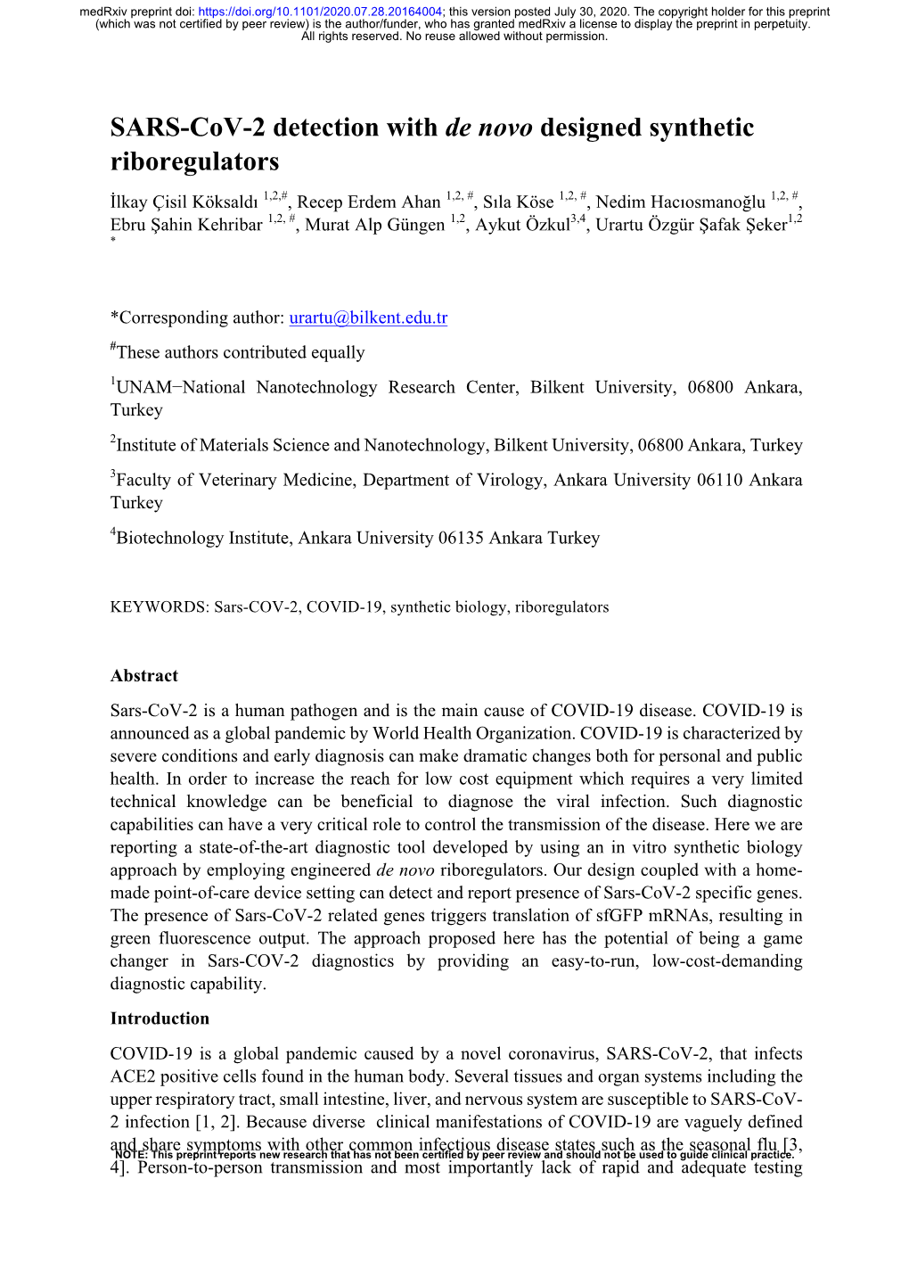 SARS-Cov-2 Detection with De Novo Designed Synthetic Riboregulators