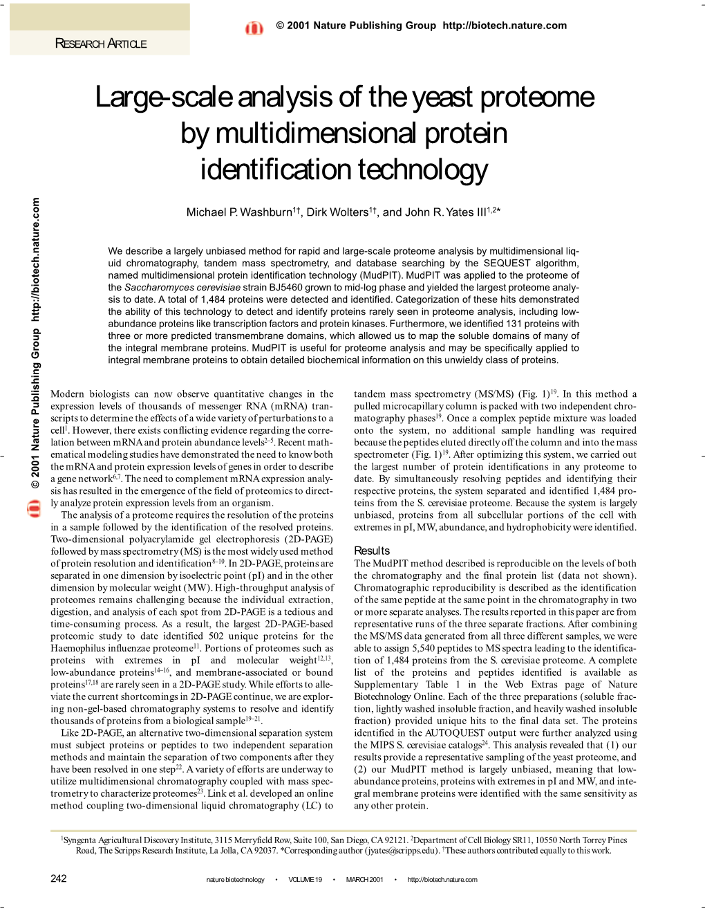 Large-Scale Analysis of the Yeast Proteome by Multidimensional Protein Identification Technology