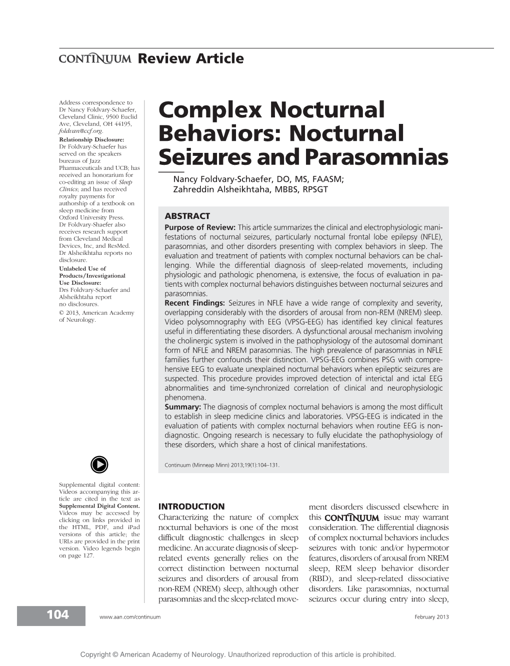 Nocturnal Seizures and Parasomnias
