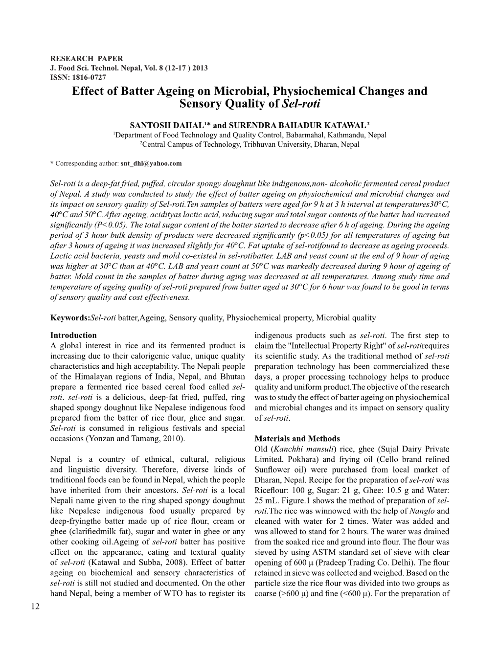 Effect of Batter Ageing on Microbial, Physiochemical Changes and Sensory Quality of Sel-Roti