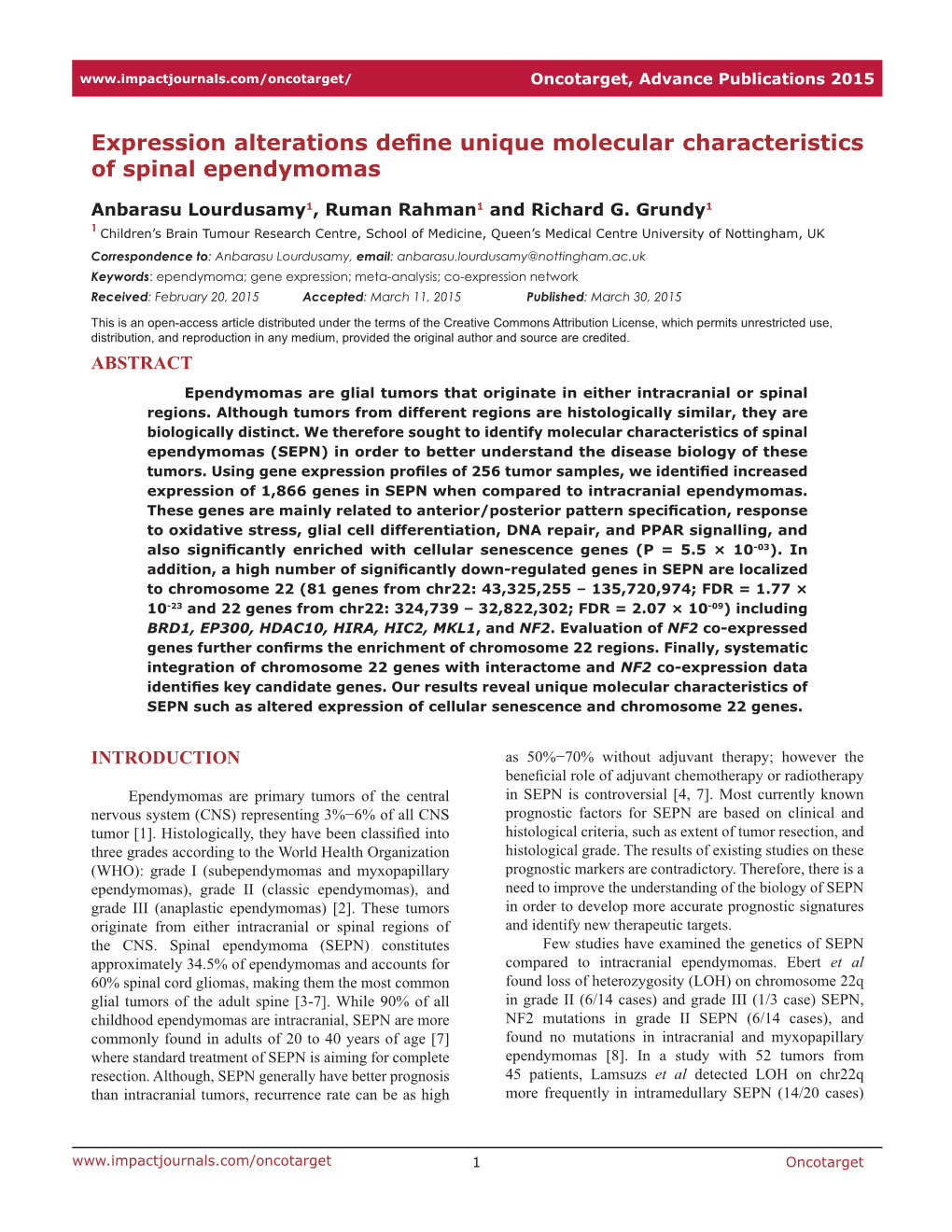 Expression Alterations Define Unique Molecular Characteristics of Spinal Ependymomas