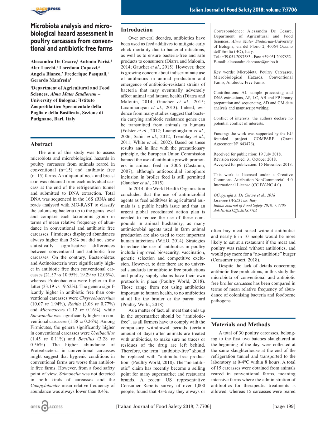 Microbiota Analysis and Micro- Biological Hazard Assessment in Poultry Carcasses from Conven- Tional and Antibiotic Free Farms