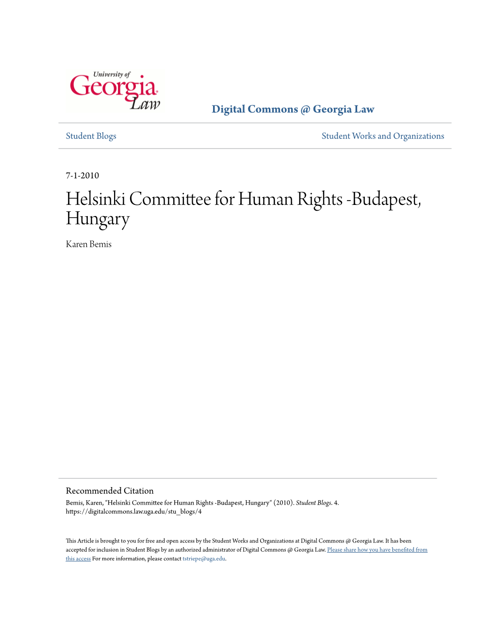 Helsinki Committee for Human Rights -Budapest, Hungary Karen Bemis