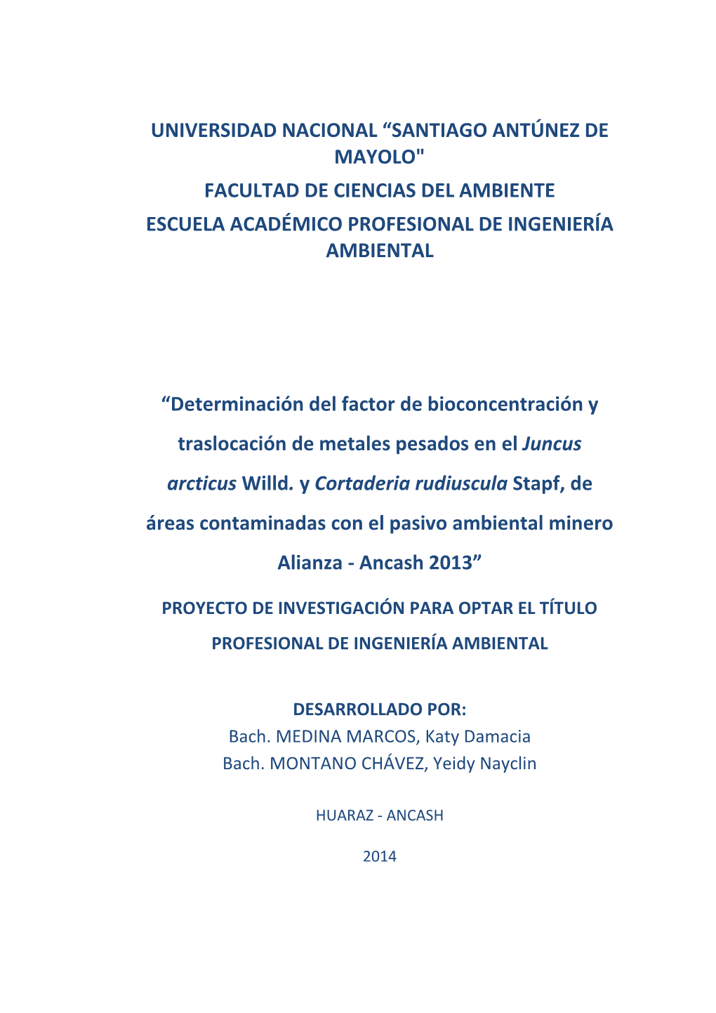 Santiago Antúnez De Mayolo" Facultad De Ciencias Del Ambiente Escuela Académico Profesional De Ingeniería Ambiental