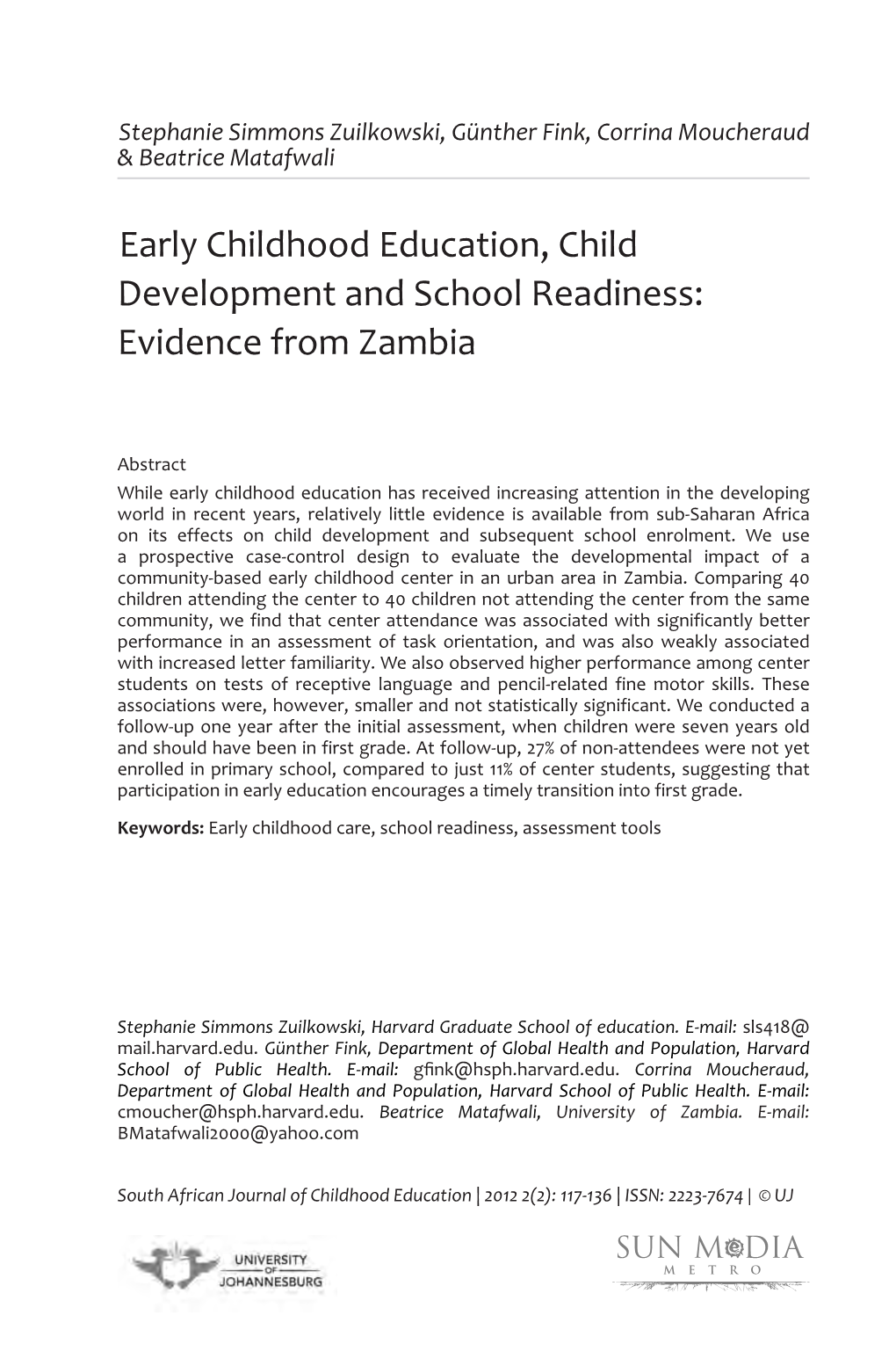 Early Childhood Education, Child Development and School Readiness: Evidence from Zambia