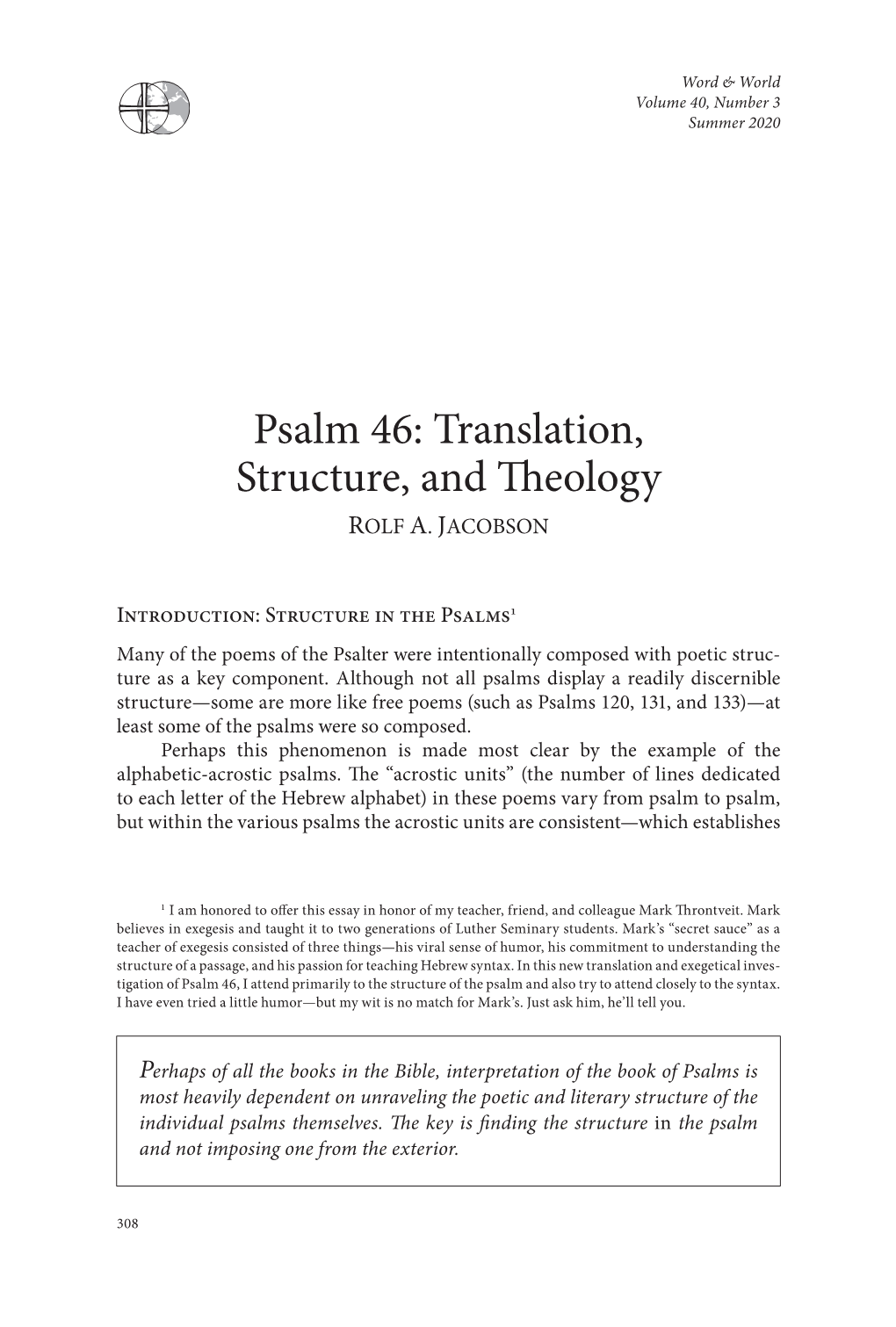 Psalm 46: Translation, Structure, and Theology ROLF A