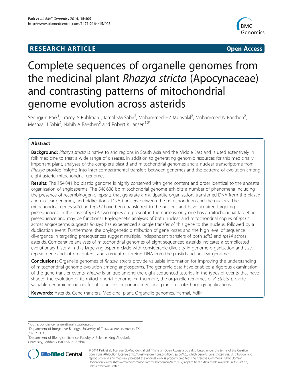 Complete Sequences of Organelle Genomes from the Medicinal Plant Rhazya Stricta