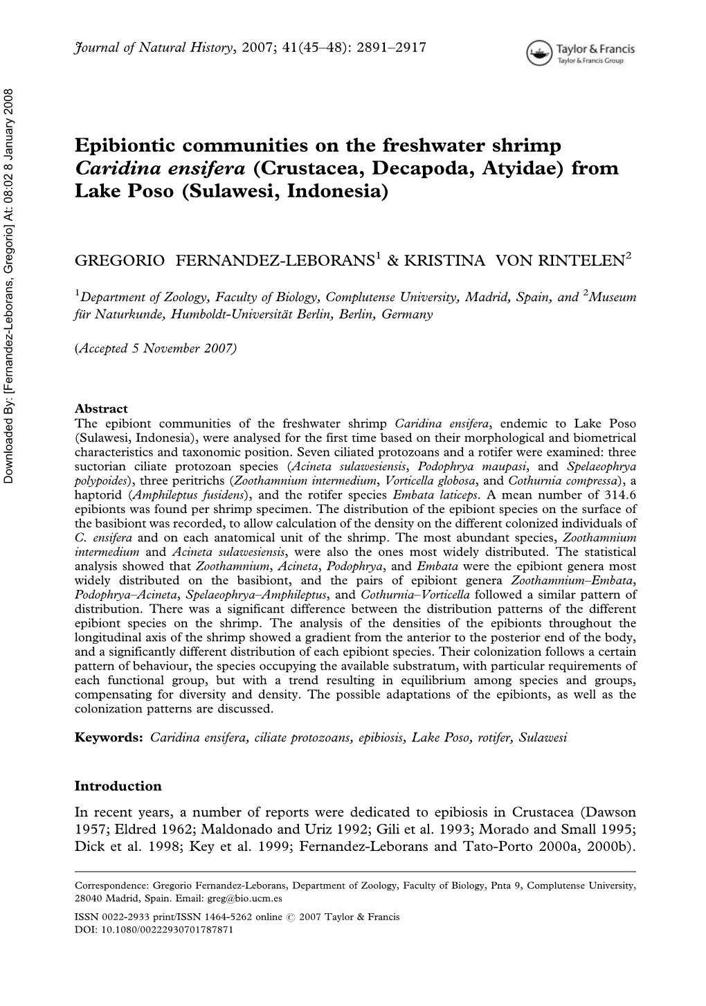 Epibiontic Communities on the Freshwater Shrimp Caridina Ensifera