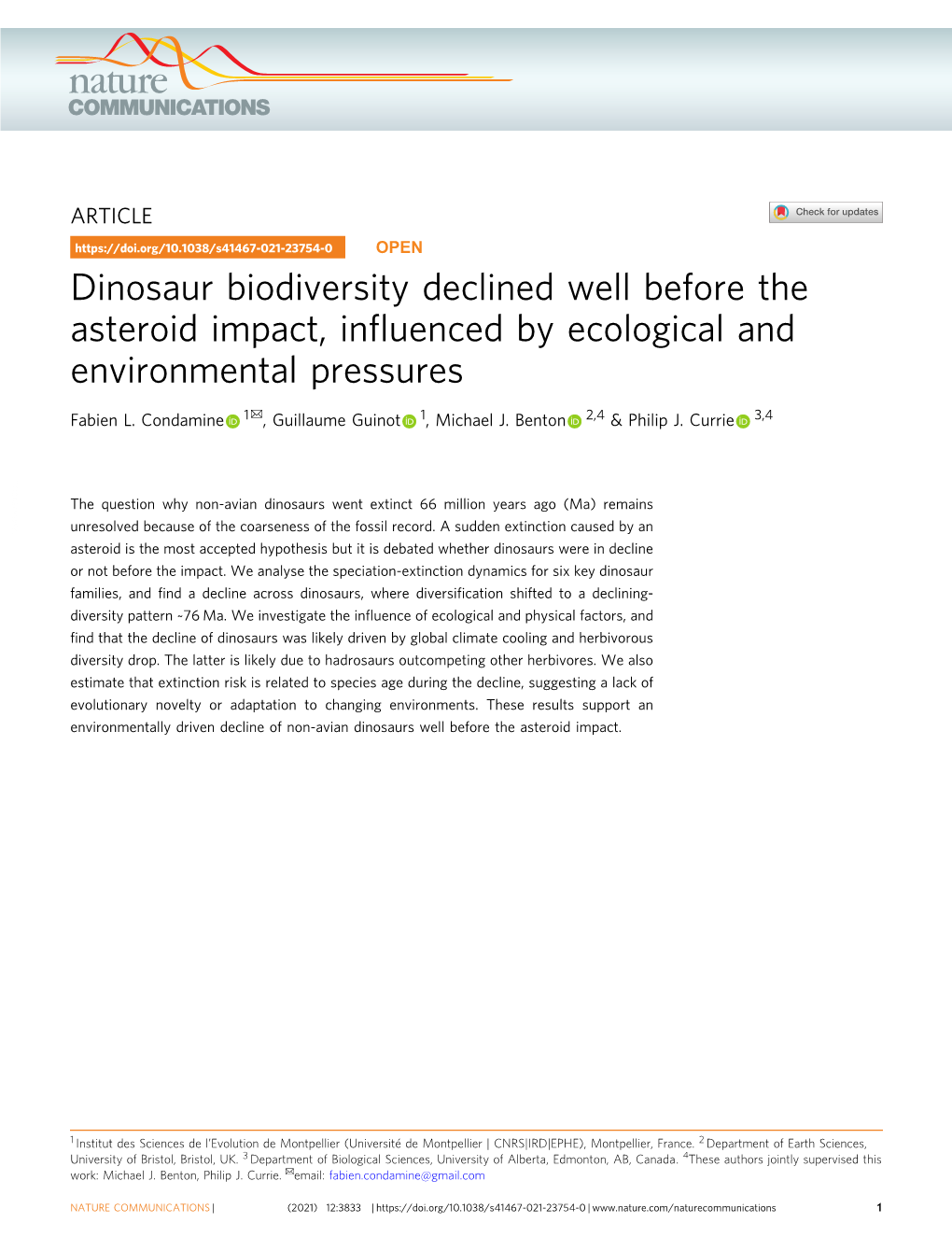 Dinosaur Biodiversity Declined Well Before the Asteroid Impact, Inﬂuenced by Ecological and Environmental Pressures ✉ Fabien L