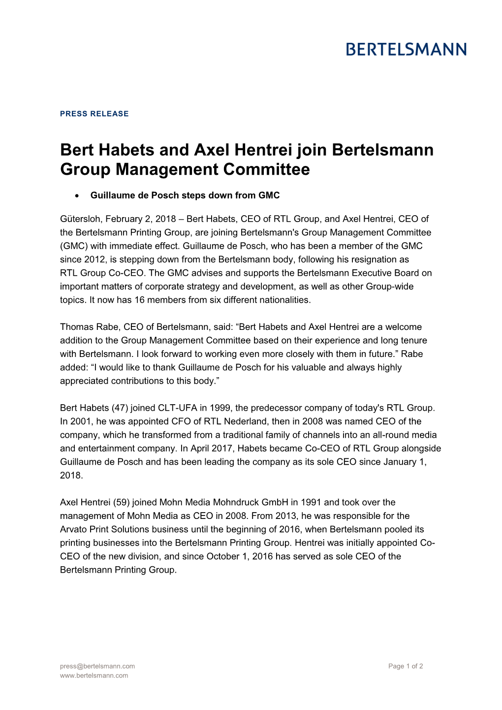 Bert Habets and Axel Hentrei Join Bertelsmann Group Management Committee