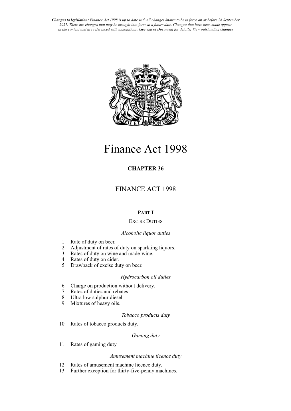 Finance Act 1998 Is up to Date with All Changes Known to Be in Force on Or Before 26 September 2021