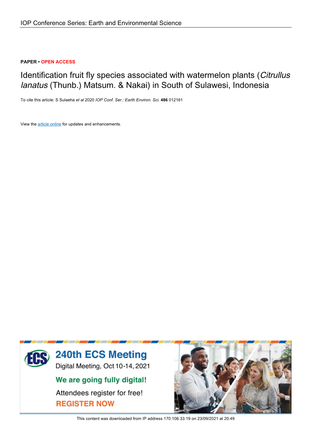 Identification Fruit Fly Species Associated with Watermelon Plants (Citrullus Lanatus (Thunb.) Matsum