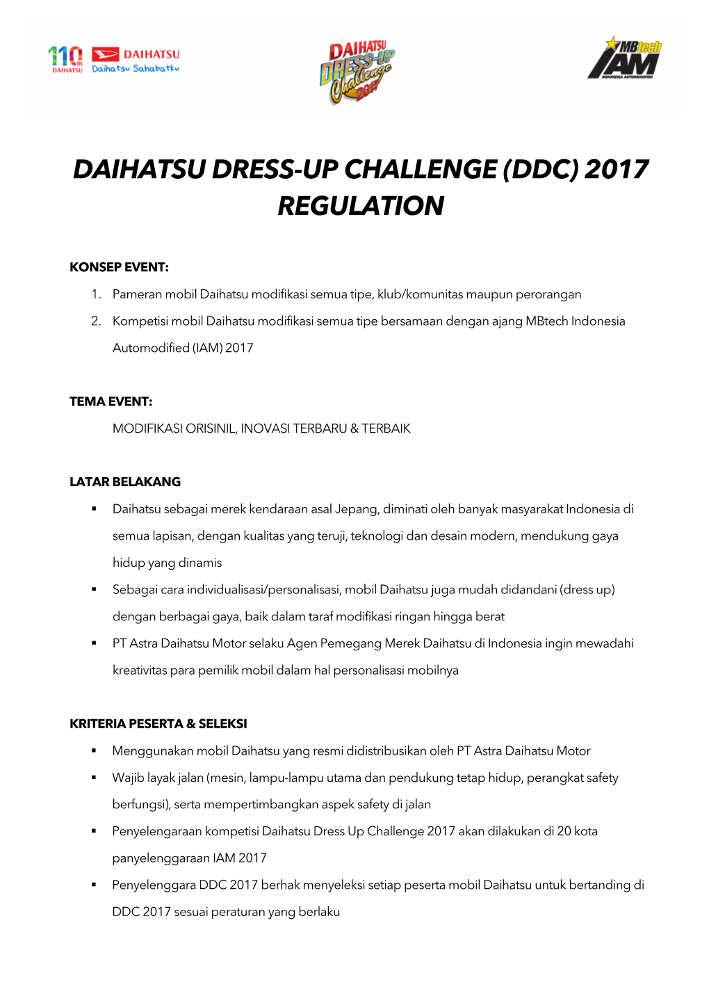 Daihatsu Dress-Up Challenge (Ddc) 2017 Regulation