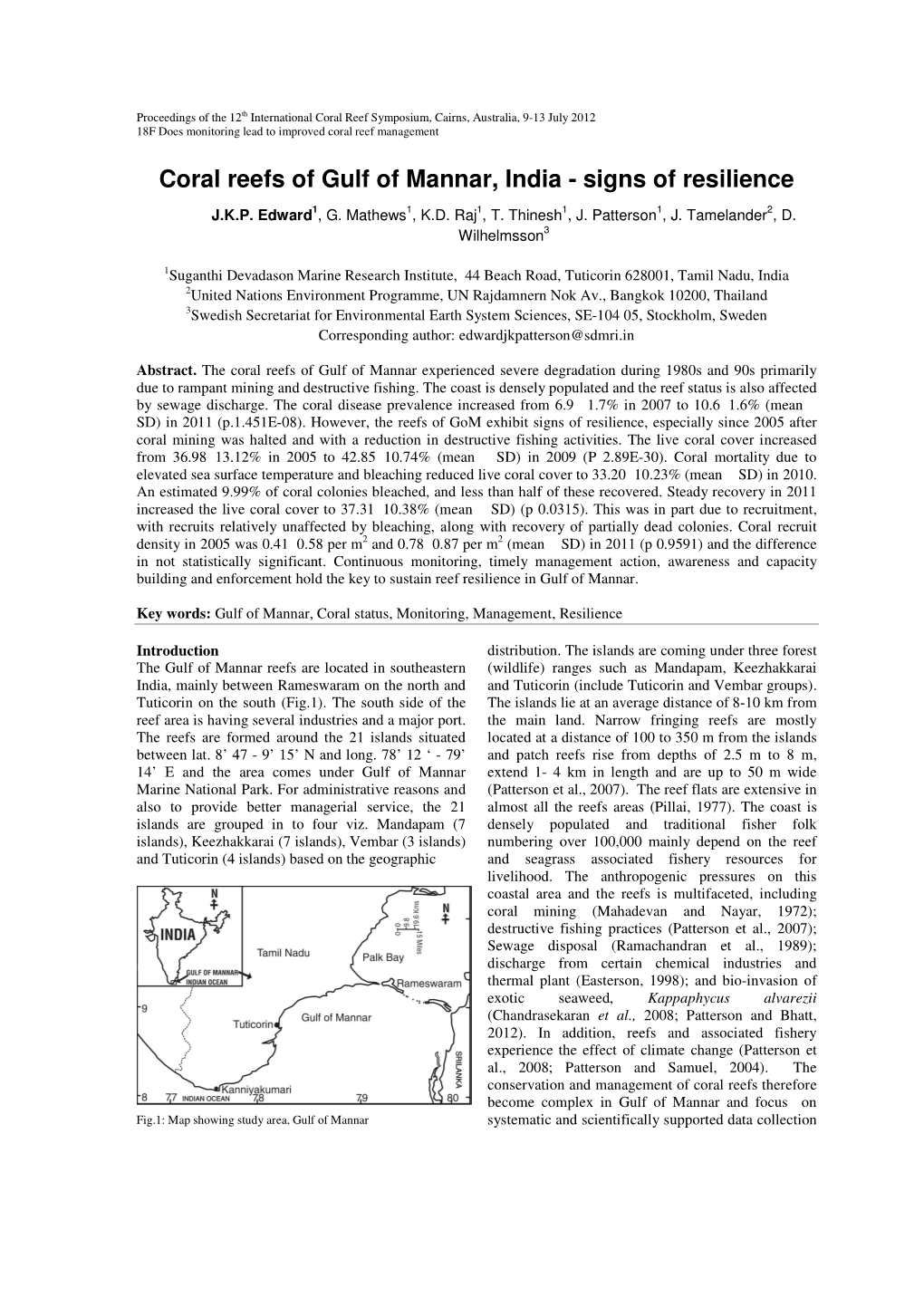 Coral Reefs of Gulf of Mannar, India - Signs of Resilience