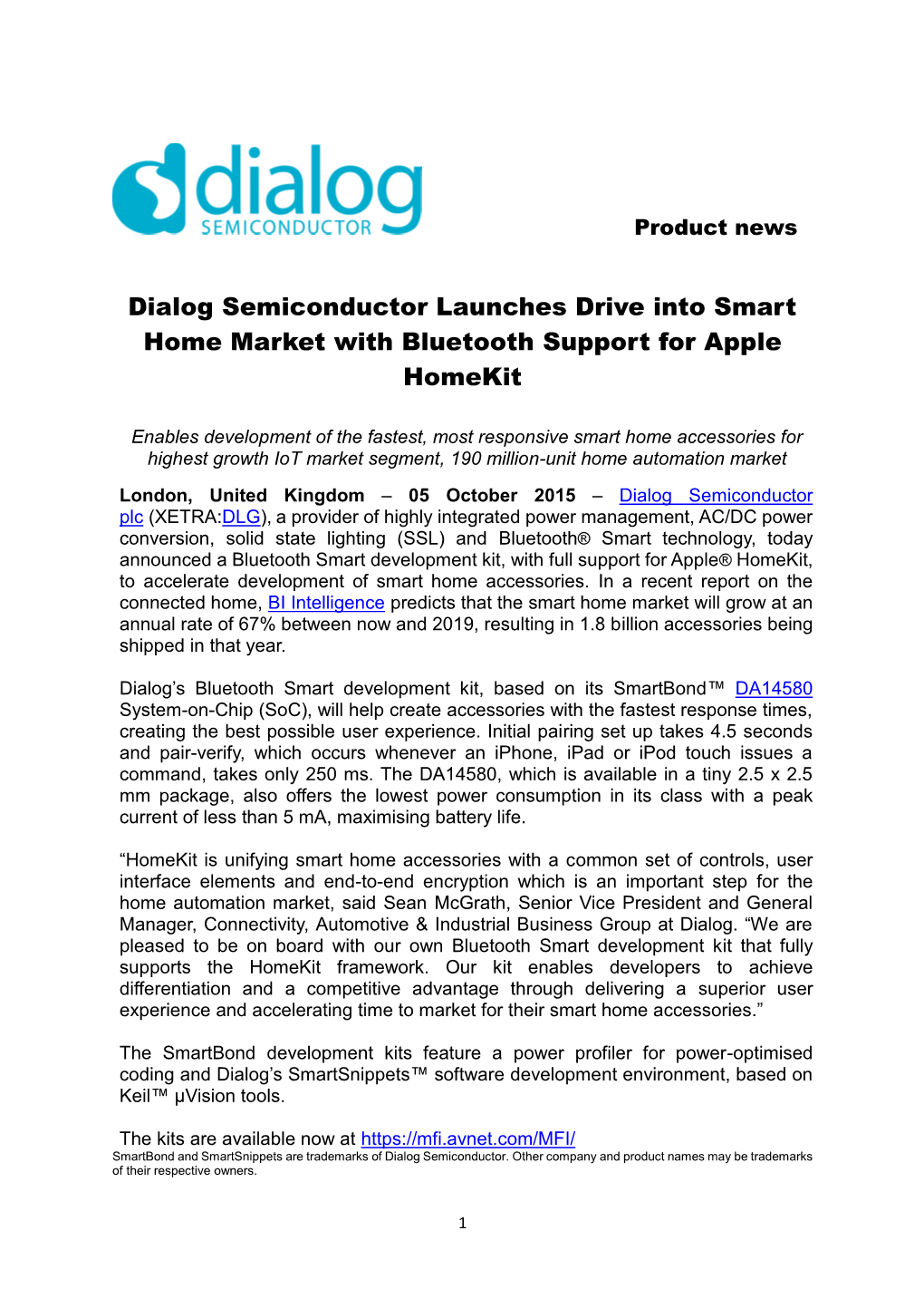 Dialog Semiconductor Launches Drive Into Smart Home Market with Bluetooth Support for Apple Homekit