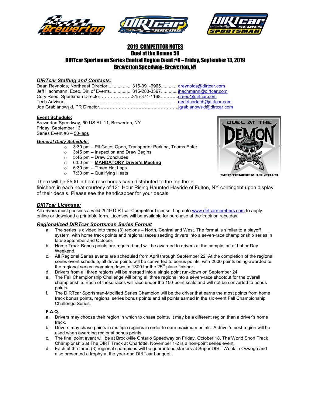 2019 COMPETITOR NOTES Duel at the Demon 50 Dirtcar Sportsman Series Central Region Event #6 – Friday, September 13, 2019 Brewerton Speedway- Brewerton, NY
