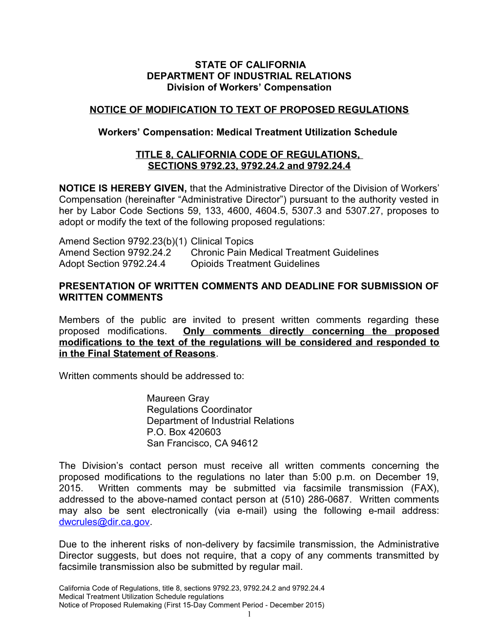 Notice of Modification to Text of Proposed Regulations