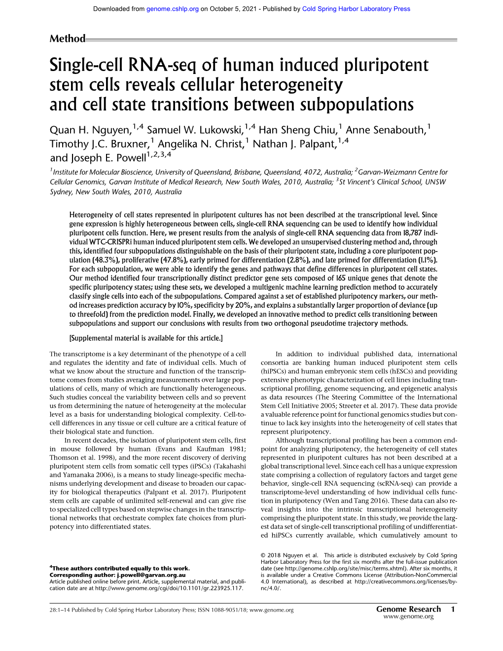 Single-Cell RNA-Seq of Human Induced Pluripotent Stem Cells Reveals Cellular Heterogeneity and Cell State Transitions Between Subpopulations