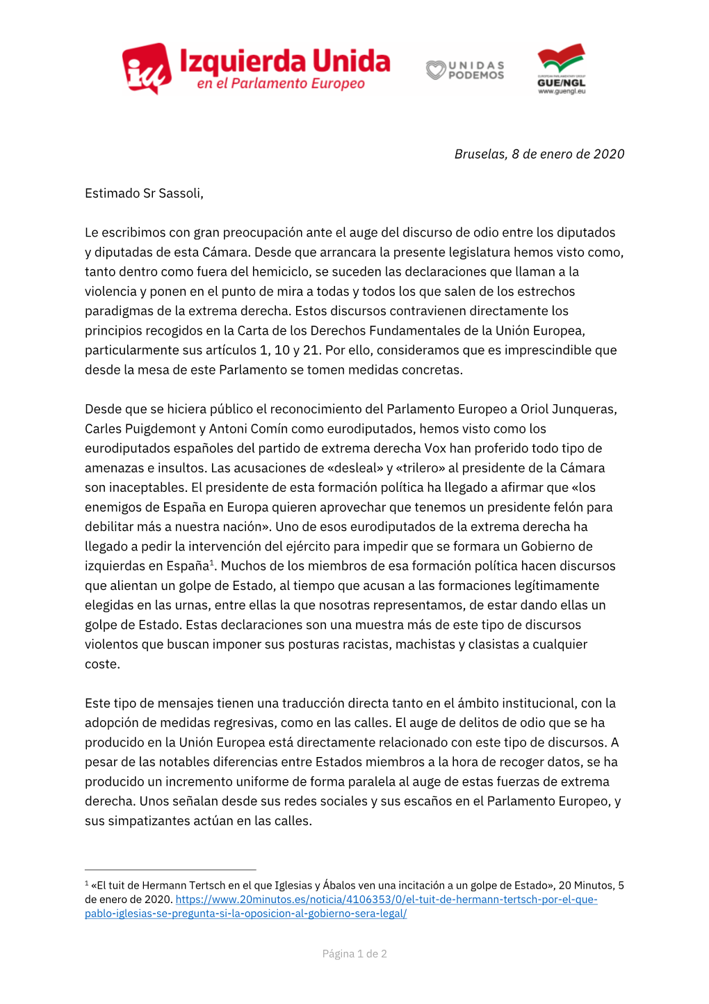 Carta a Sassoli