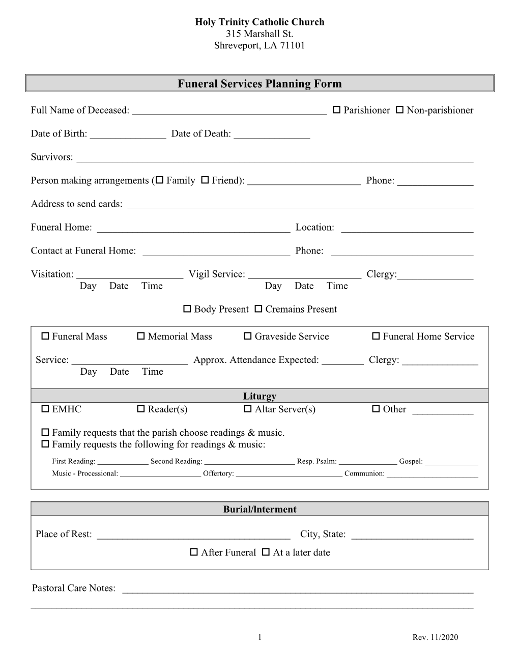 Funeral Services Planning Form