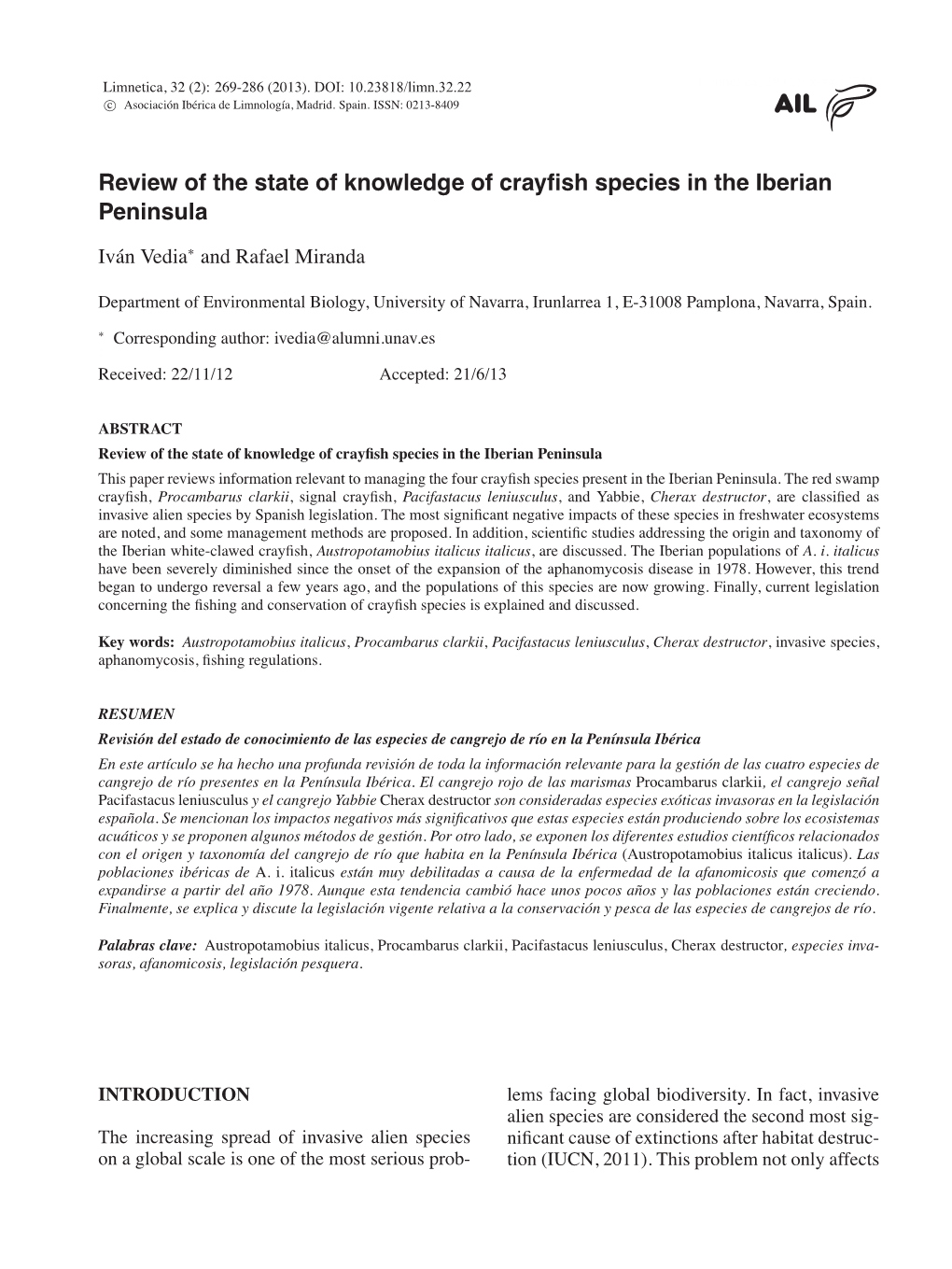 Review of the State of Knowledge of Crayfish Species in the Iberian