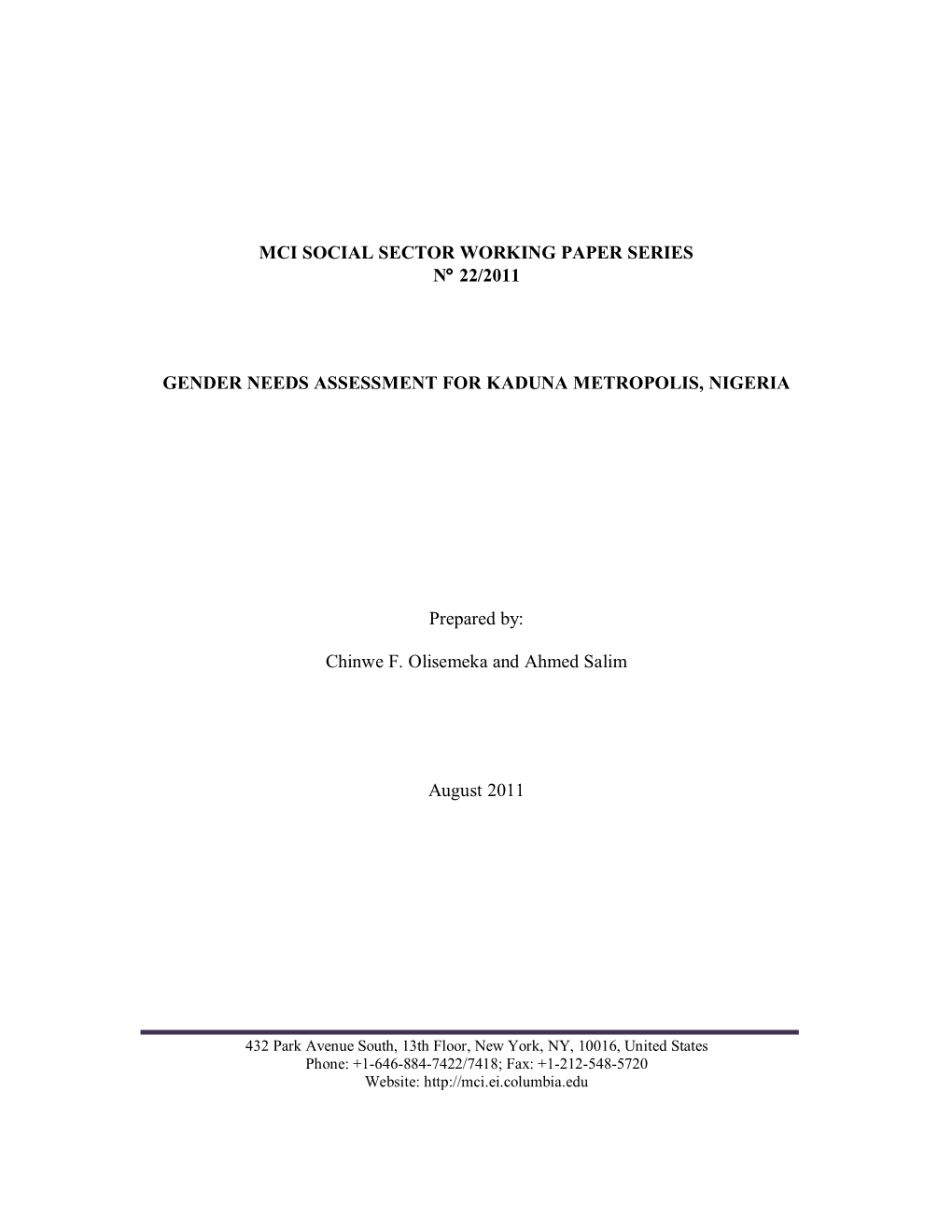 Mci Social Sector Working Paper Series N° 22/2011