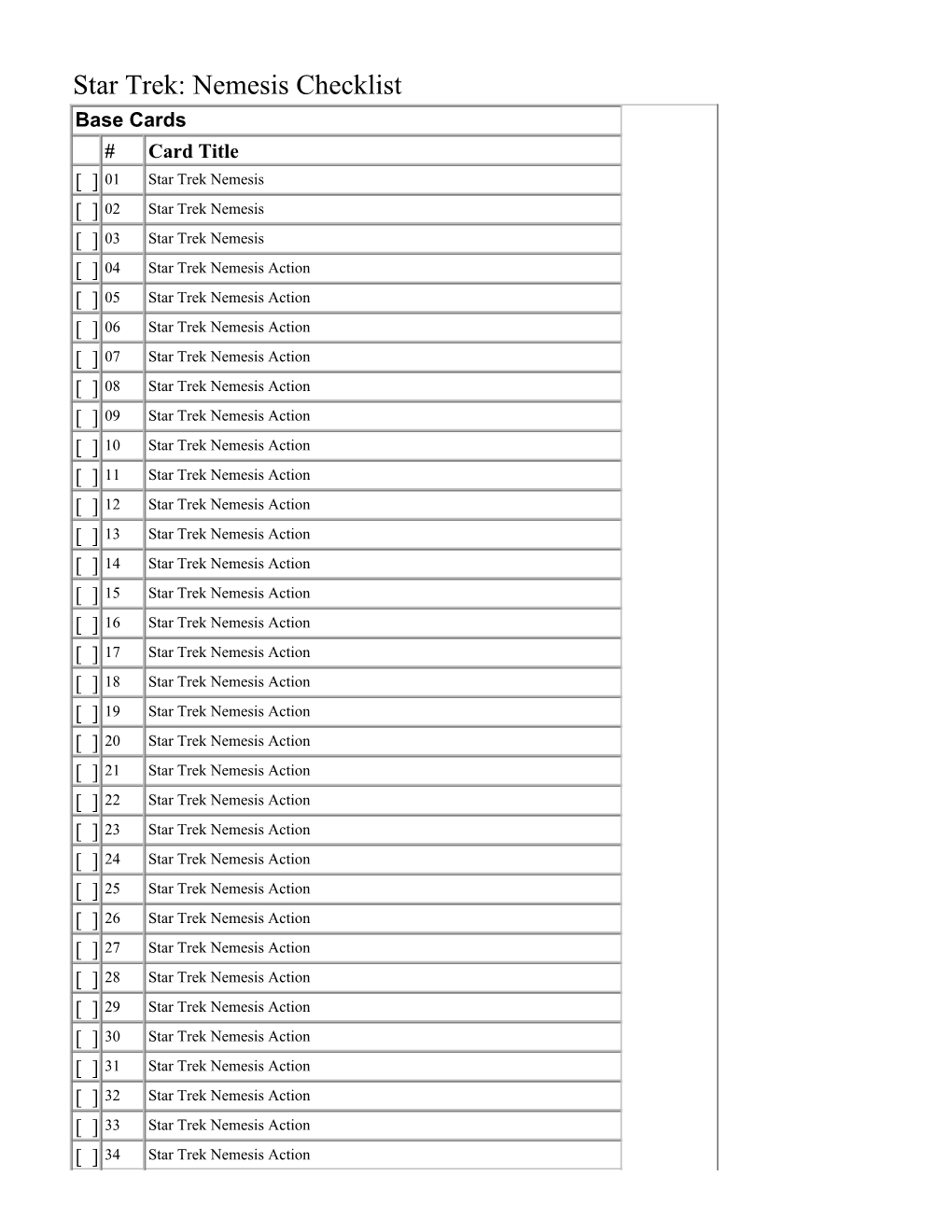 Star Trek: Nemesis Checklist