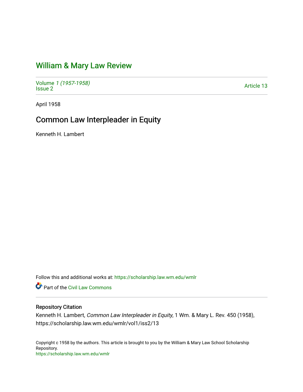 Common Law Interpleader in Equity