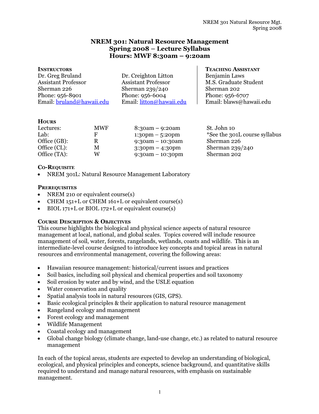 NREM 301+L Natural Resource Management