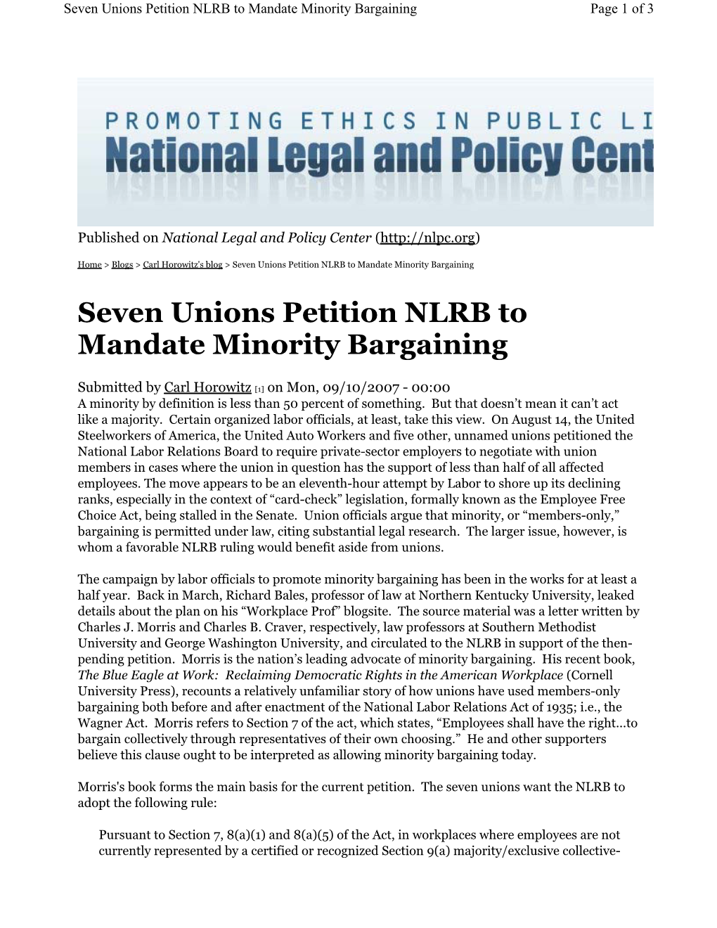 Seven Unions Petition NLRB to Mandate Minority Bargaining Page 1 of 3