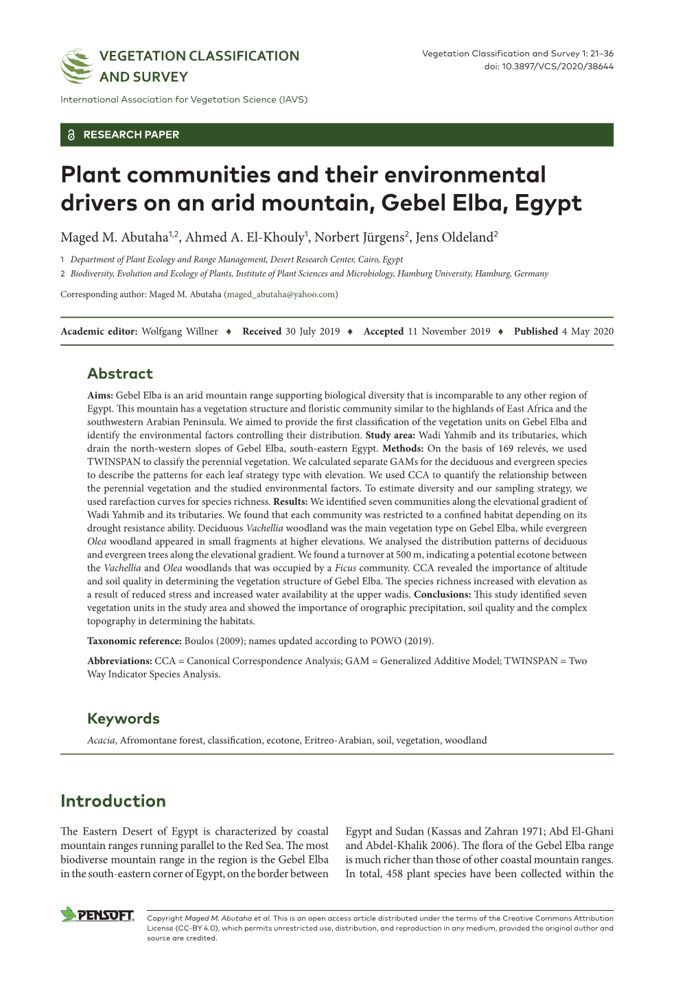 ﻿Plant Communities and Their Environmental Drivers on an Arid