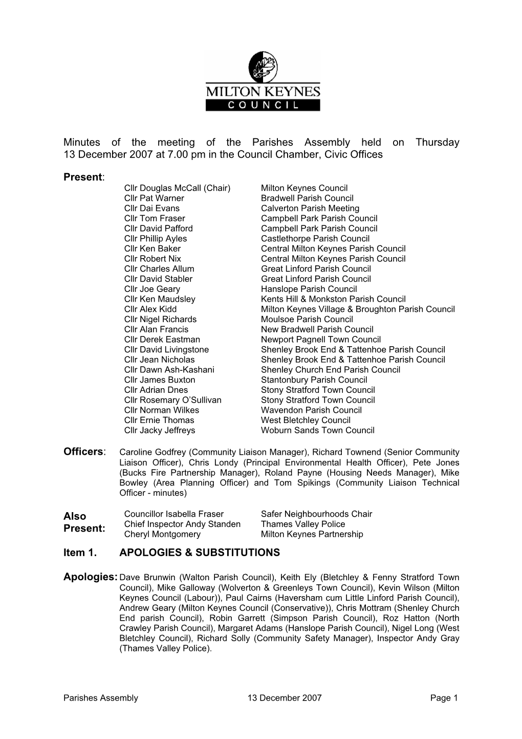 Minutes of the Meeting of the Parishes Assembly Held on Thursday 13 December 2007 at 7.00 Pm in the Council Chamber, Civic Offices