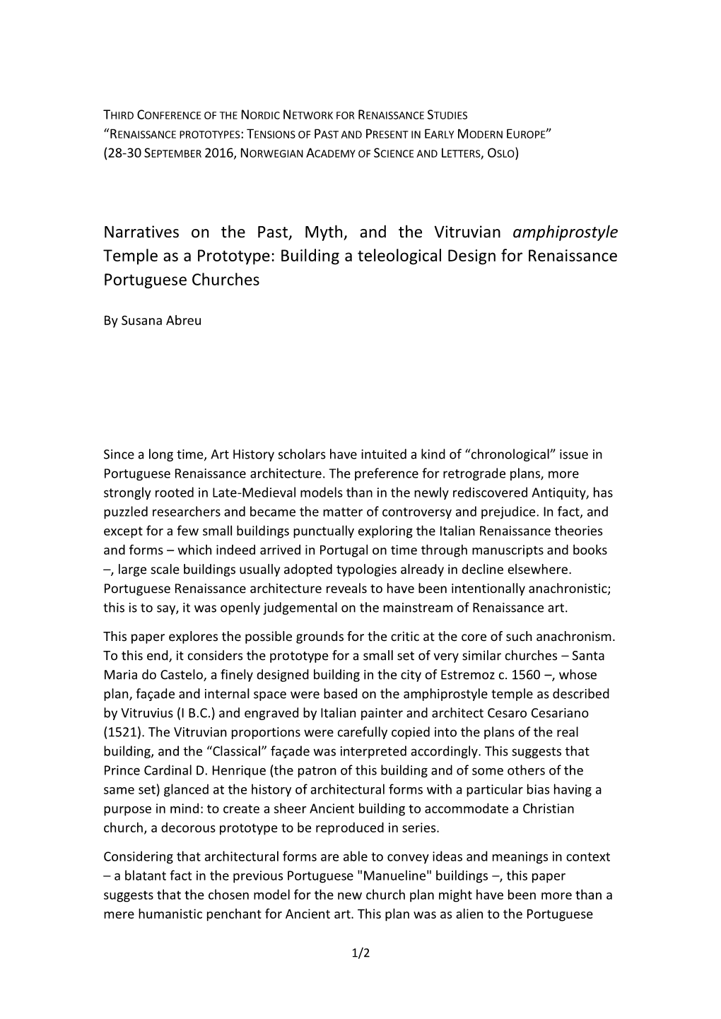 Narratives on the Past, Myth, and the Vitruvian Amphiprostyle Temple As a Prototype: Building a Teleological Design for Renaissance Portuguese Churches