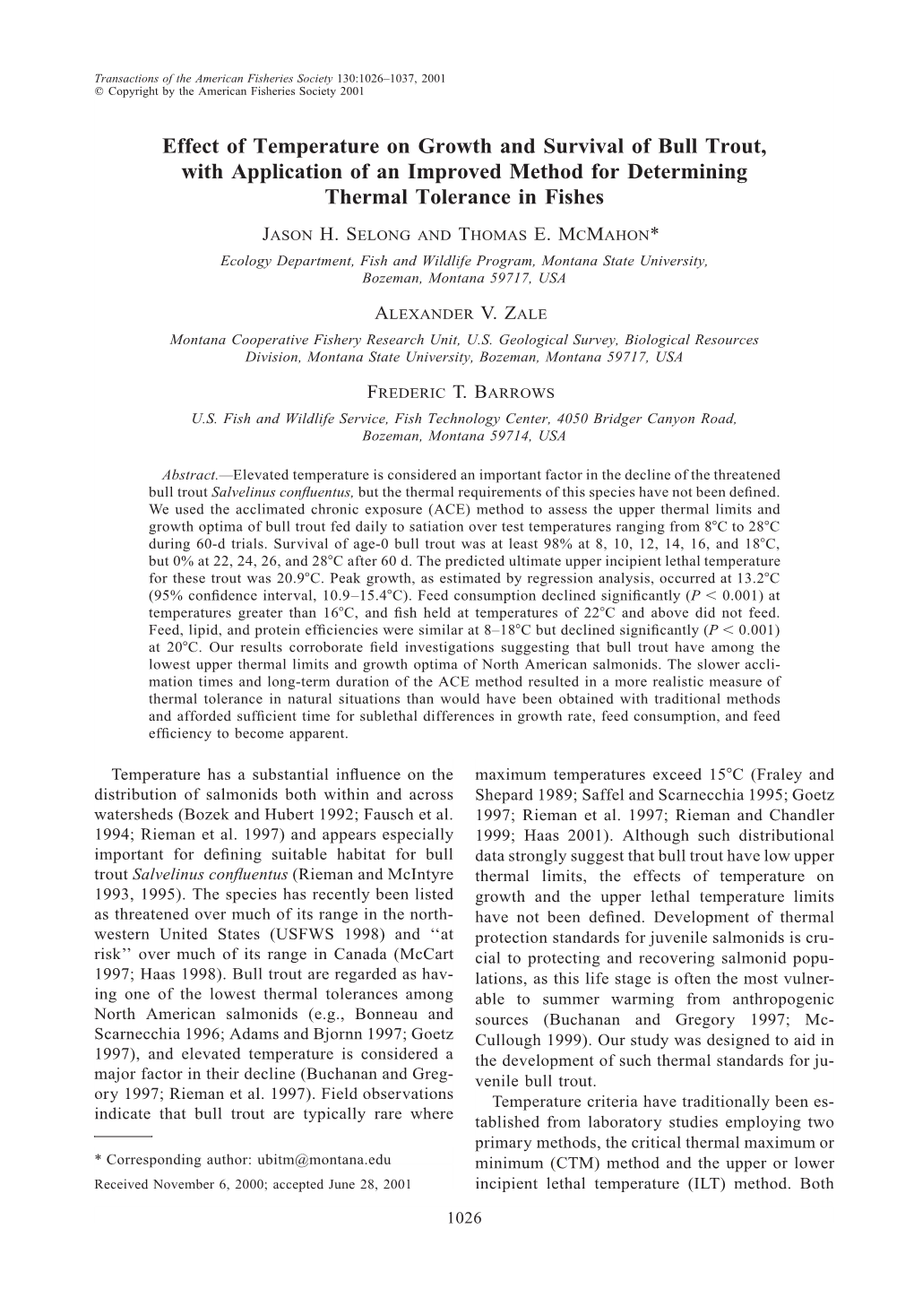 Effect of Temperature on Growth and Survival of Bull Trout, with Application of an Improved Method for Determining Thermal Tolerance in Fishes