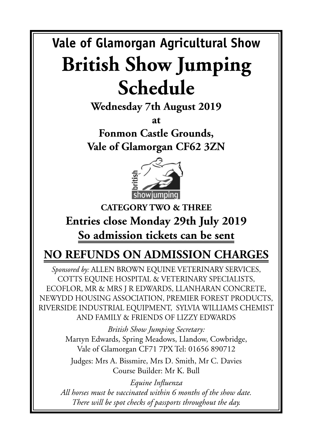 British Show Jumping Schedule Wednesday 7Th August 2019 at Fonmon Castle Grounds, Vale of Glamorgan CF62 3ZN