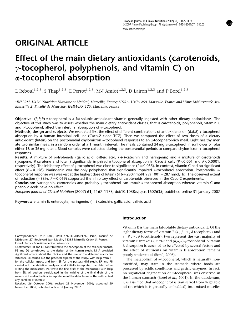 Effect of the Main Dietary Antioxidants (Carotenoids, C-Tocopherol, Polyphenols, and Vitamin C) on A-Tocopherol Absorption